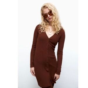 Zara Brown Long Sleeve Knit Button-Up Dress